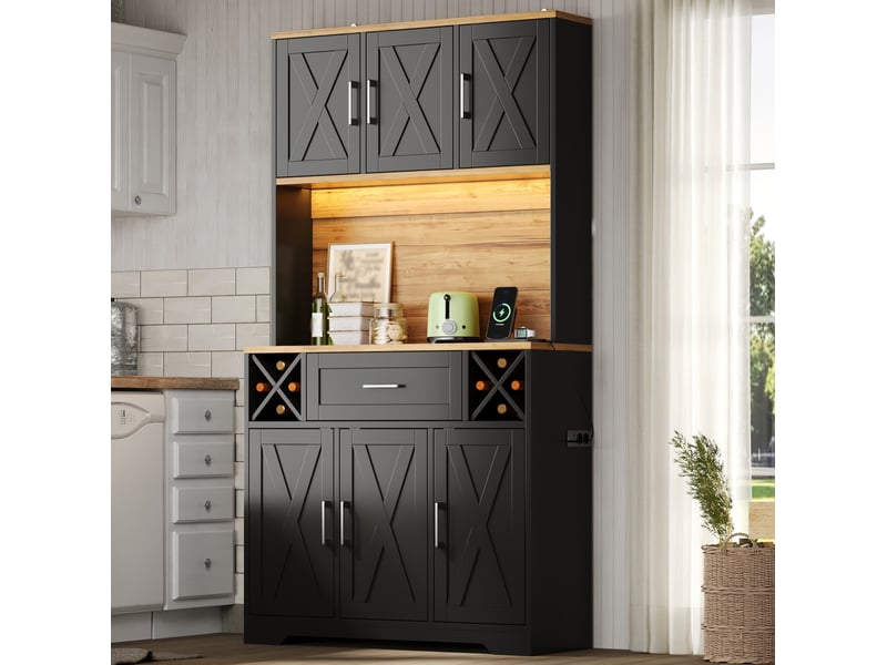  Buffet de cuisine 105x40x180 cm avec led et porte-bouteilles noir et bois naturel  - Conforama B