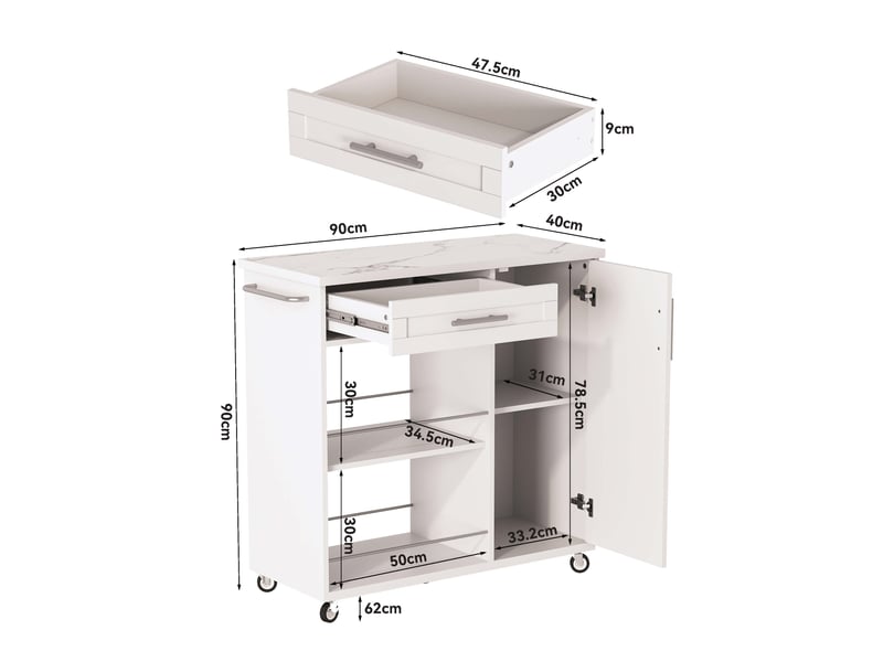  Desserte de cuisine,90x62x90 cm,avec rangement,mdf,blanc effet marbre  - Conforama C