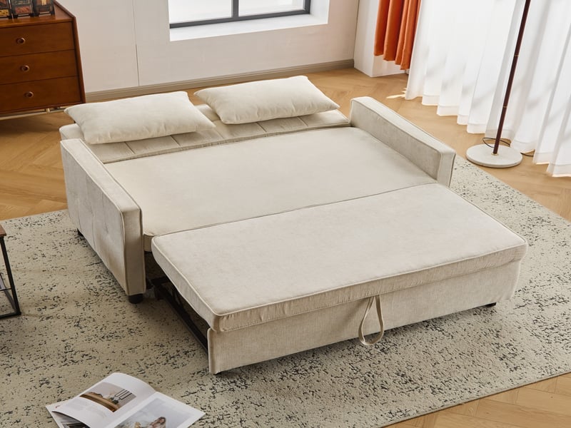 Canapé convertible clic-clac 2 places 142 x 79 x 85 cm, dossier réglable 2 positions, tissu chenille, beige  - Conforama B