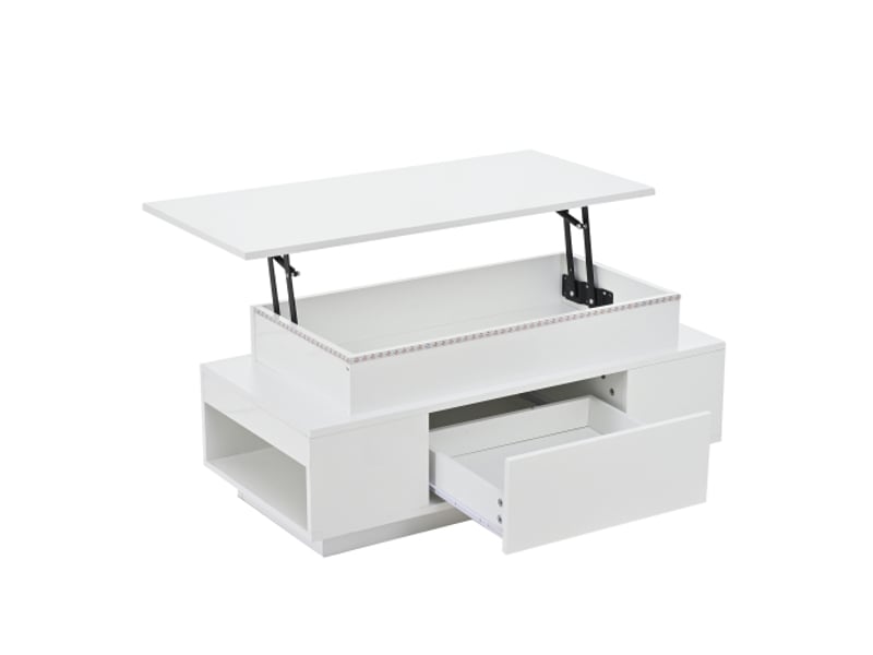  Table basse réglable en hauteur avec rangement caché et tiroir – 96×45×40 cm – led blanche, fini brillant, bureau  - Conforama E