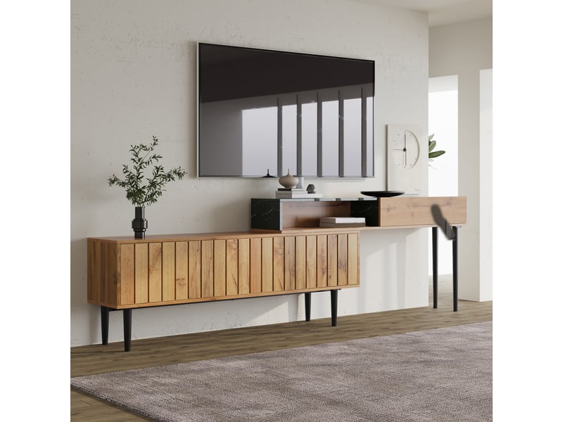  Meuble tv moderne 129 cm effet marbre et bois avec pieds en fer pour écrans 40-49 pouces  - Conforama R