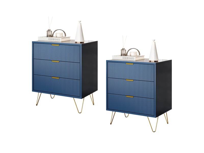 Lot de 2 table de chevet,3 tiroirs,manches et pieds en couleur doré, table de chevet,moderne, 60 x 40 x 70 cm, bleu - Conforama A