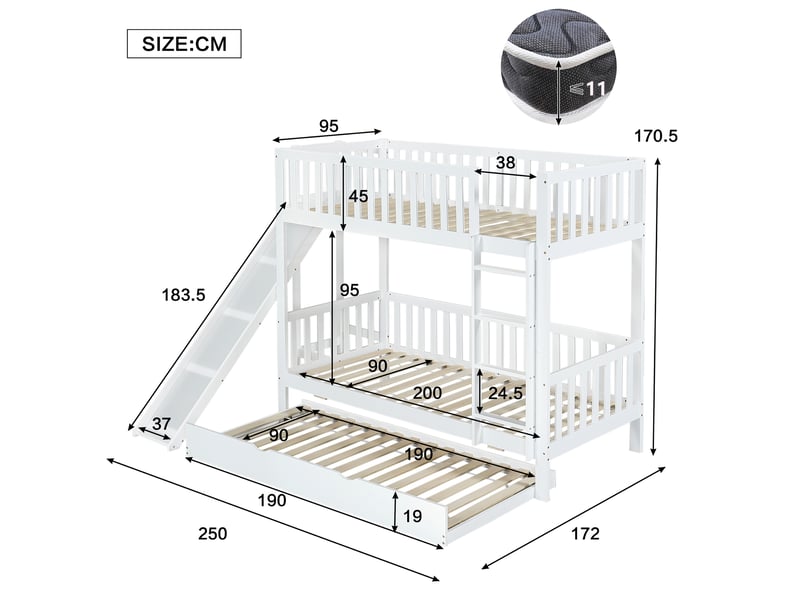 Lit superposé enfant 90x200190 cm blanc, lit gigogne, toboggan, rangements et échelle droite - Conforama B