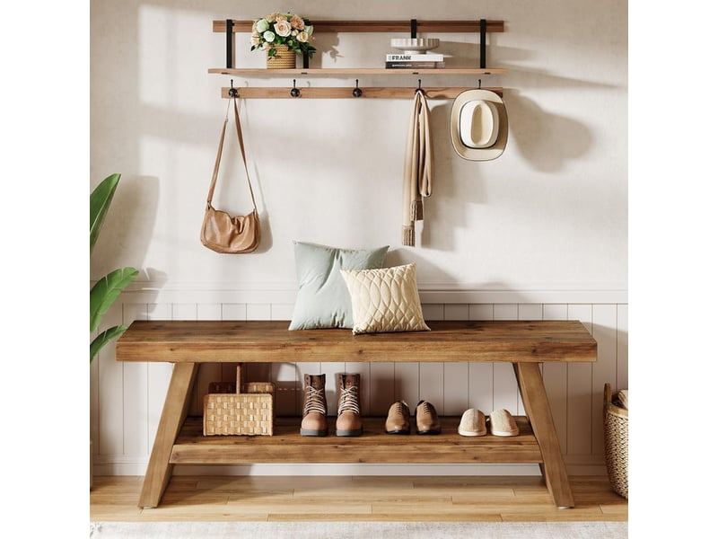  Banc d'entrée à deux niveaux en bois massif avec étagères ouvertes ; banc à chaussures en bois pour intérieur, adapté à l'entrée, au salon et à la chambre  - Conforama E