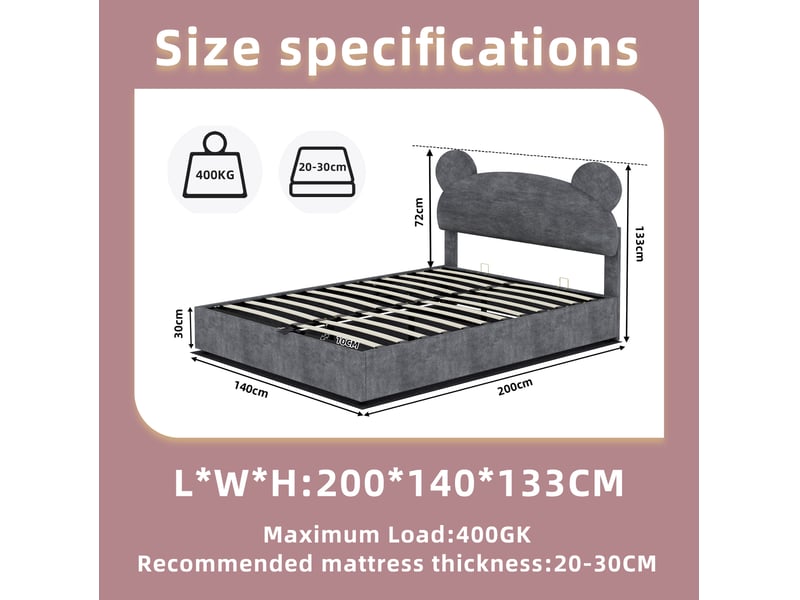  Lit coffre 140x200 cm, tête de lit rembourrée forme ludique, rangement à vérins, tissu et métal gris, sans matelas  - Conforama C
