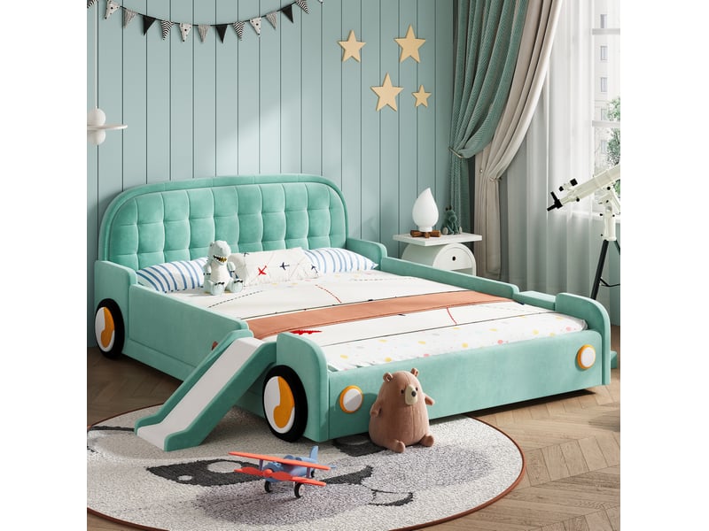  Lit enfant voiture, 140x200 cm, escalier réversibles, avec toboggan, matelas non inclus, bois, coloris bleu et vert  - Conforama B