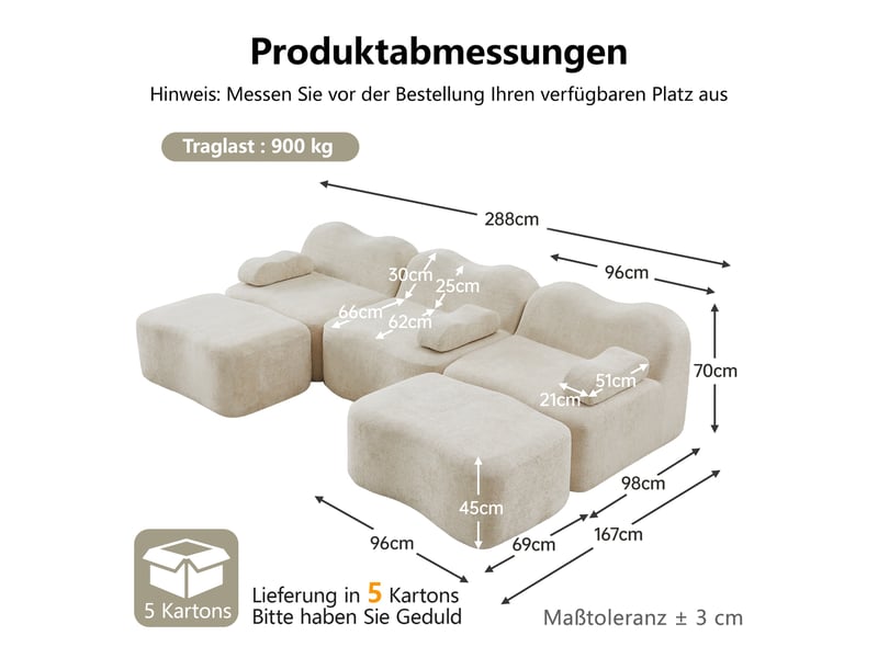  Canapé 3 places avec 2 poufs - 288x167x70 cm - canapé panoramique u velours mousse 32d sans structure rigide 900kg - beige  - Conforama E