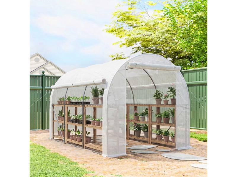  Serre de jardin 6 m² dim. 3 x 2 m avec 1 porte + 2 parois latérales zippées enroulables, 6 fenêtres, blanc  - Conforama D