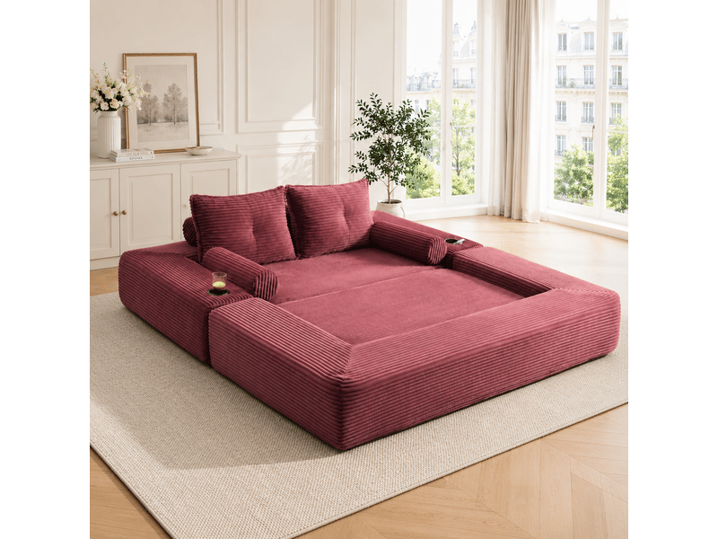Canapé convertible 2 places modulable avec poches latérales, porte-gobelet et coussins, velours côtelé bordeaux - Conforama B