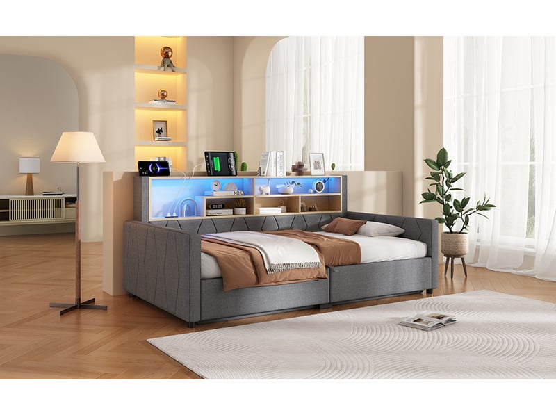 Lit coffre banquette 90 × 200 cm, rangement hydraulique, étagère, led, usb-a et usb-c, tissu gris, tête rembourrée  - Conforama B