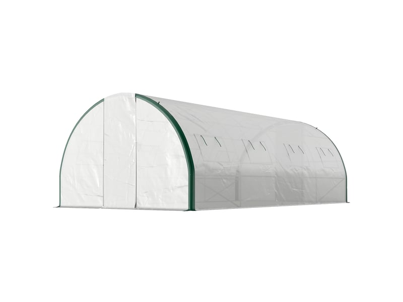  Serre tunnel de 6 x 3 m avec 2 entrées et 8 fenêtres, en pe, polyester et acier galvanisé, blanc et vert  - Conforama B