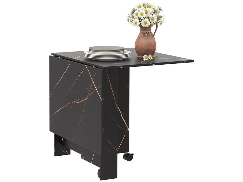  Table pliante cuisine table à manger pliable avec 2 abattants 2 roues avec freins 120 x 80 x 73 cm noir marbré imitation  - Conforama A