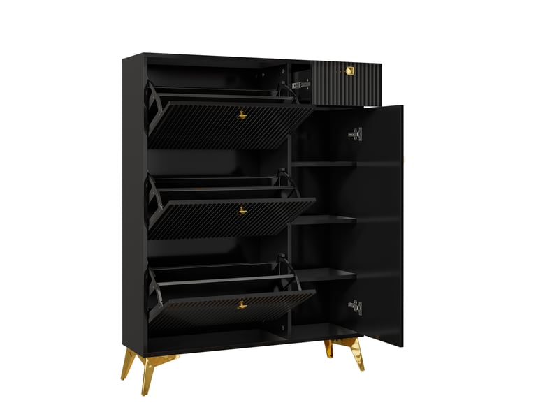  Meuble à chaussures oslo noir 90x25x121 cm, 3 abattants, 1 tiroir &amp; 1 porte, rangement étroit  - Conforama E