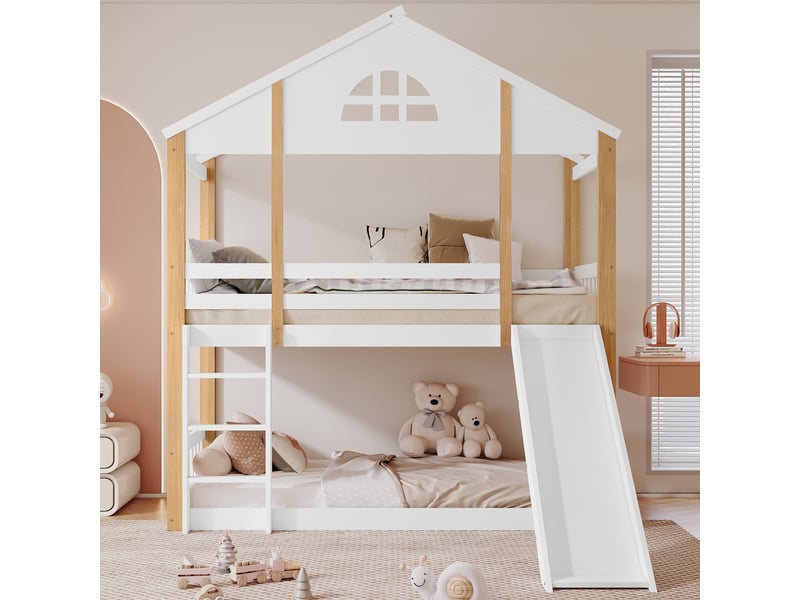  Lit superposé 90x200 cm cabane enfant - avec toboggan, échelle d’angle et fenêtres, barrière de sécurité - sans matelas - bois pin + mdf - blanc et naturel  - Conforama D