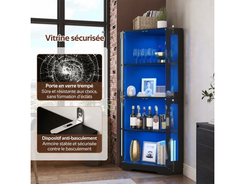  Vitrine haute avec éclairage led, 4 portes en verre trempé, 60 x 60 x 165 cm, noir  - Conforama C