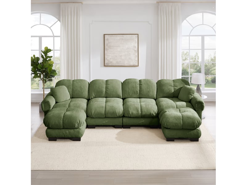  Canapé d'angle panoramique u 4 places 330x149x90 cm, ergonomique, dossier, déplaçables, 2 poufs, modulaire, revêtement en chenille, vert  - Conforama B