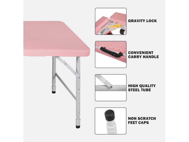  Table de jardin pliante 125 x 61 cm rose, hauteur réglable 58 à 74 cm avec poignée de transport  - Conforama B