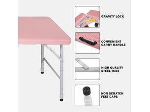 Table de jardin pliante 125 x 61 cm rose, hauteur réglable 58 à 74 cm avec poignée de transport