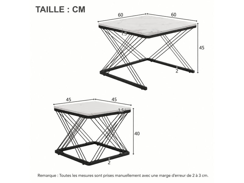  Lot de 2 tables basses carrées gigognes, effet marbre brillant, 60 x 60 et 45 x 45 cm, blanc et noir  - Conforama C
