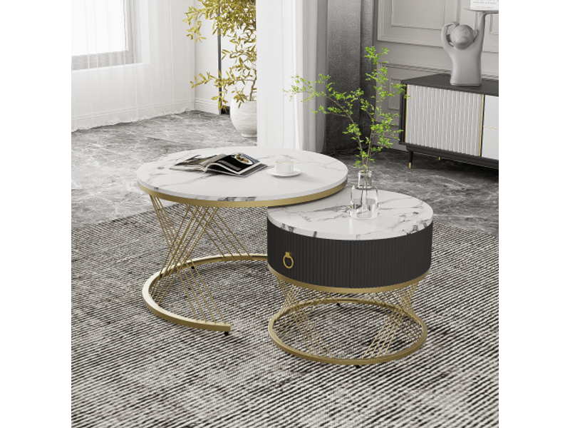  Table basse gigogne 2 pcs en mdf avec 1 tiroir,poignée,éléments en métal doré et aspect marbre,blanc table basse blanc - Conforama B
