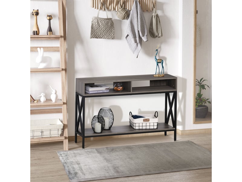  Table console table d'entrée industriel multi-rangements 120 x 23,5 x 75 cm gris bois  - Conforama W