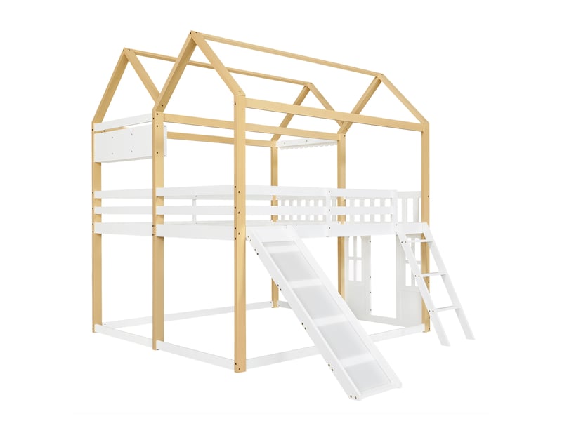  Lit mezzanine 90x200cm avec toboggan, lit cabane, lit enfant barrière, base à lattes supérieures, pin, naturel+blanc  - Conforama A