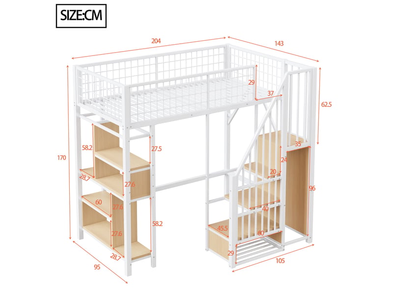  Lit mezzanine blanc 90x200cm avec escalier rangement, bureau et étagères, gain de place, pratique - fer et mdf - pour enfant ado  - Conforama E