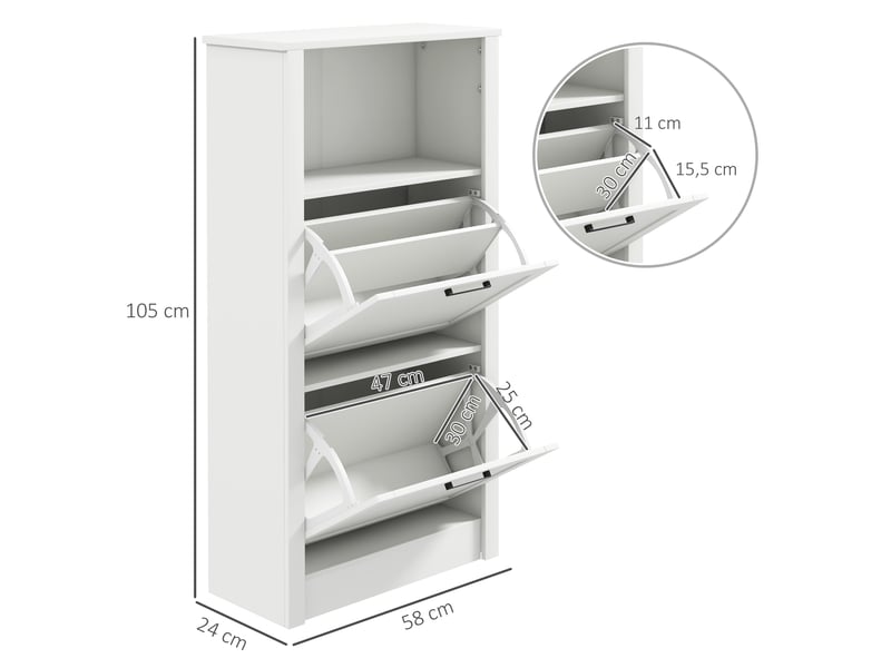  Meuble à chaussures étroit à 2 portes, étagères réglables et compartiment ouvert pour 10 paires de chaussures, 58 x 24 x 105 cm, blanc  - Conforama D