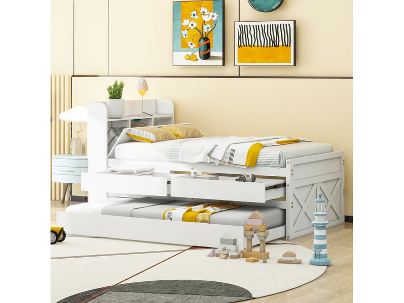  Lit gigogne 90x190 cm avec tiroirs de rangement, port usb, bois, blanc sans matelas  - Conforama B