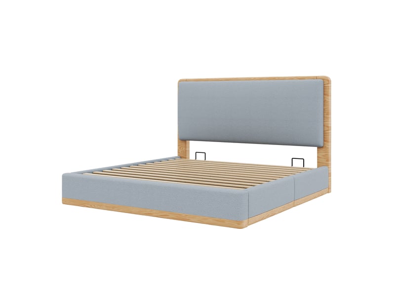 Lit coffre rembourré 180x200 cm en tissu teddy avec rangement hydraulique, tête de lit matelassée, cadre mdf et design naturel gris et bois - Conforama A