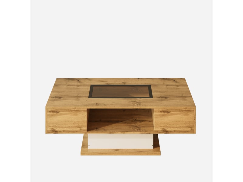  Table basse naturel, 2 tiroirs, rangement, éclairage led, portes vitrées, design moderne, usage quotidien - 110.2x60x39.7cm - salon  - Conforama B