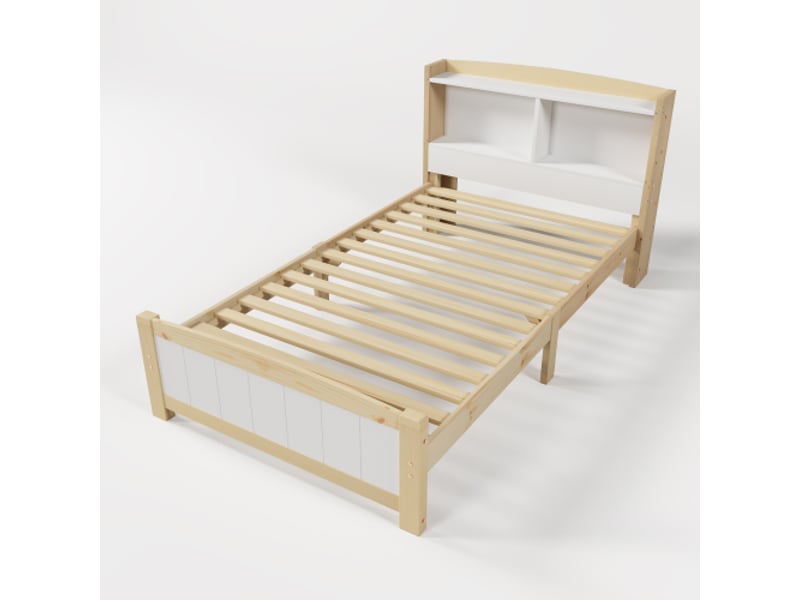  Lit enfant 90x200 cm, tête de lit de rangement, avec lattes, en bois, blanc, sans matelas  - Conforama C
