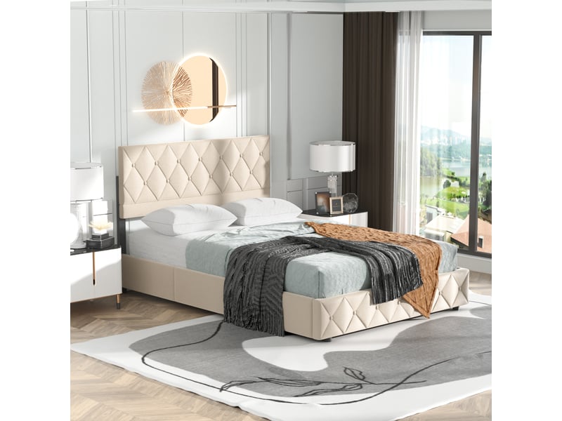  Lit rembourré 140x200 cm avec sommier à lattes beige evryae  - Conforama C