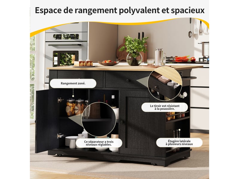  Îlot de cuisine mobile avec plateau rabattable et prises intégrées - lpospi - 2 tiroirs, 6 niches, mdf noir et naturel  - Conforama E