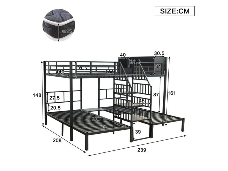  Lit superposé pour enfant 3 places noir structure métal robuste, escalier confortable à rampe, 90x200cm +140x200cm  - Conforama C