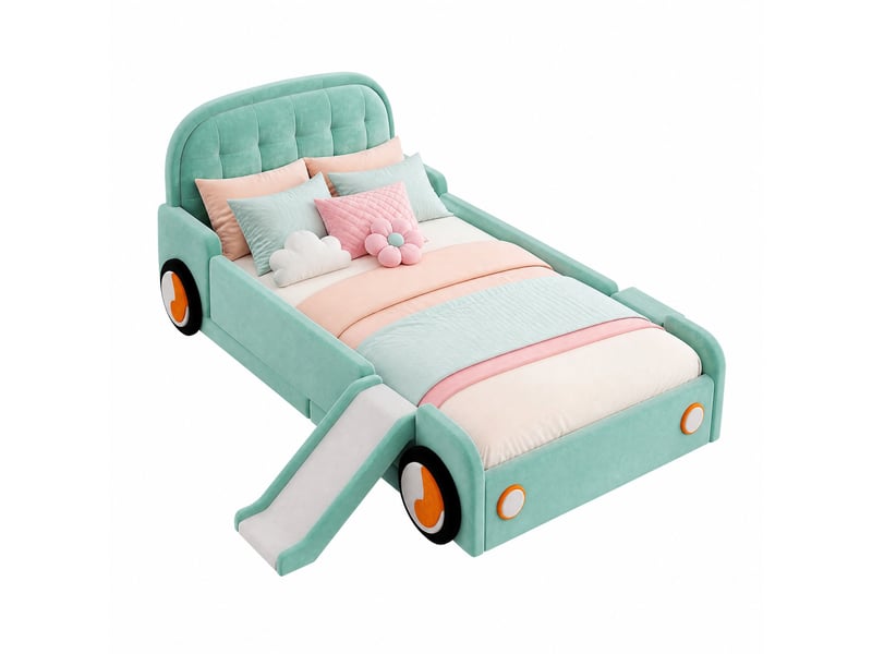  Lit enfant voiture modenvie 90 x 200 cm avec toboggan et escalier réversibles, velours, bleu vert  - Conforama A
