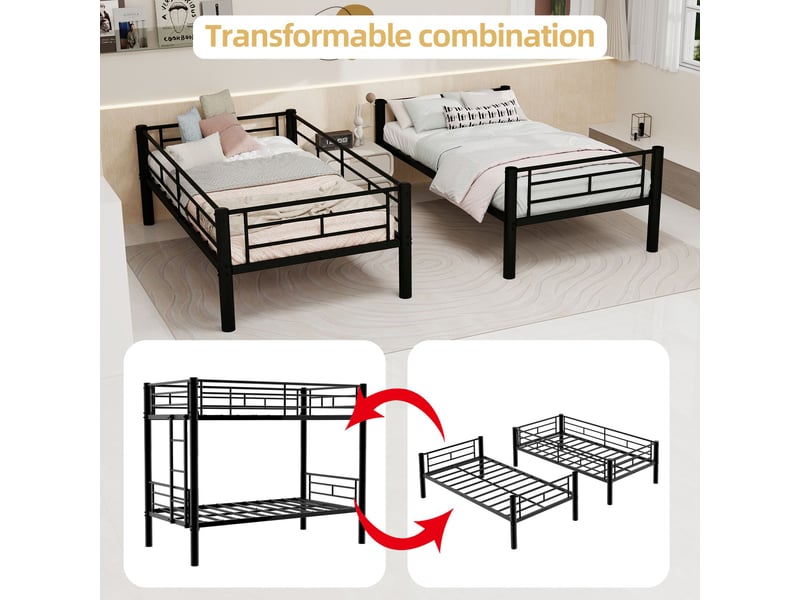 Lit superposé enfant 90x190 cm en métal-convertible en 2 lits simples-échelle et barrières de sécurité-noir - Conforama E