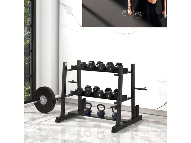  Support d'haltères 3 niveaux en acier noir, 200 kg, pour haltères, kettlebells, disques et barres, 131 x 75 x 80 cm  - Conforama B