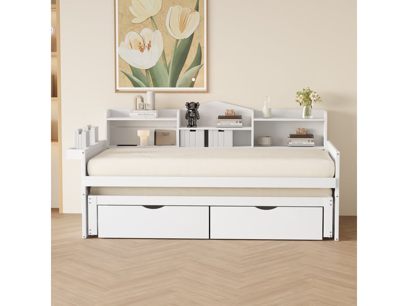  Lit enfant - 90x200 cm - rembourré - tête de lit réglable - tissu velours beige  - Conforama E