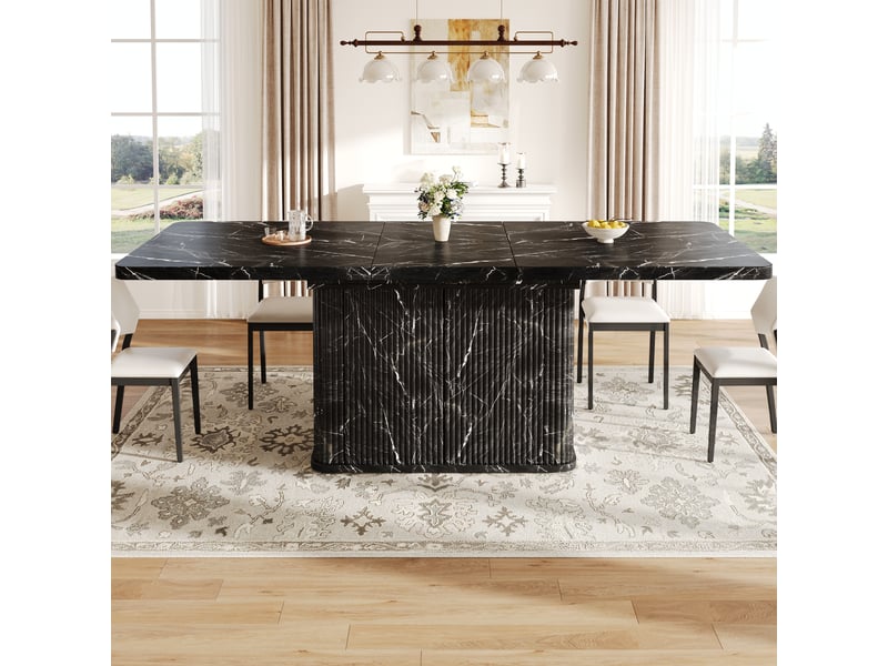  Table à manger extensible 140-180x80 cm avec rangement caché, plateau effet marbre noir, façade rainurée verticale, pieds réglables en métal  - Conforama C
