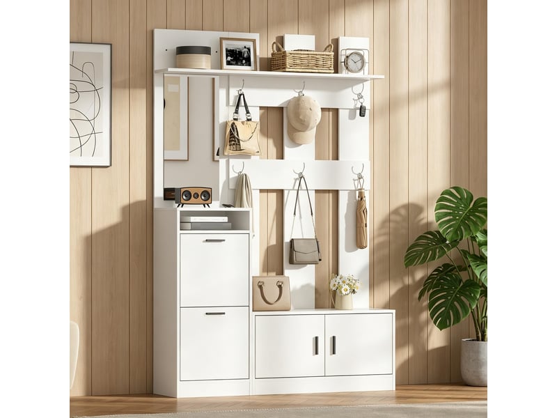 Vestiaire d'entrée complet, porte-manteau avec meuble à chaussures et miroir intégré, avec 6 patères et étagères de rangement, blanc - Conforama B