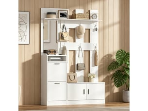 Vestiaire d'entrée complet, porte-manteau avec meuble à chaussures et miroir intégré, avec 6 patères et étagères de rangement, blanc