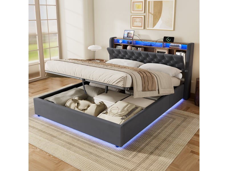 Lit coffre rembourré 160x200 avec tête de lit rangement et coffre de lit cravdom  - Conforama B