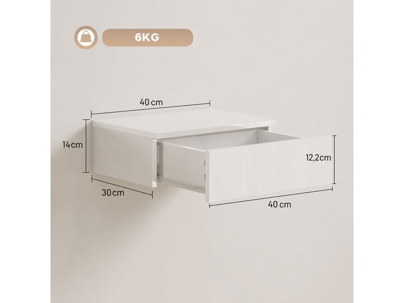  Lot de deux tables de chevet murales avec 1 tiroir chacune, mélaminées, façades blanc brillant, 40 x 30 x 14 cm  - Conforama C
