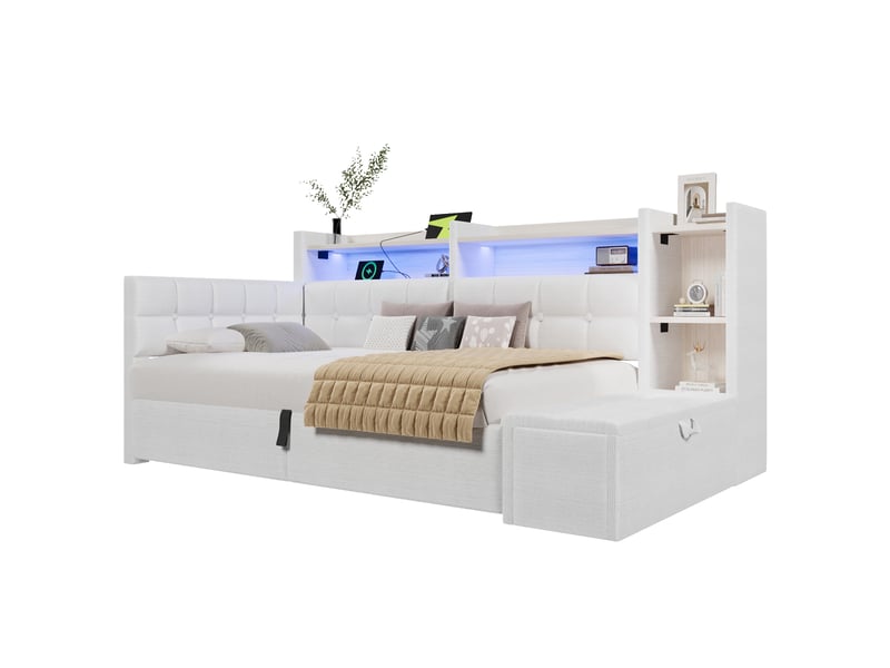  Lit coffre hydraulique 90x200 cm avec led multicolore, usb et usb-c et banc coffre, velours blanc, sans matelas  - Conforama A