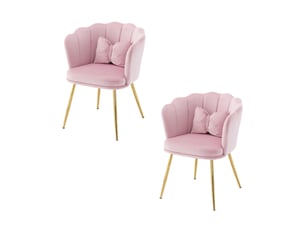 Fauteuil avec dossier pétale capitonné, coussins de soutien et pieds métalliques dorés en velours rose
