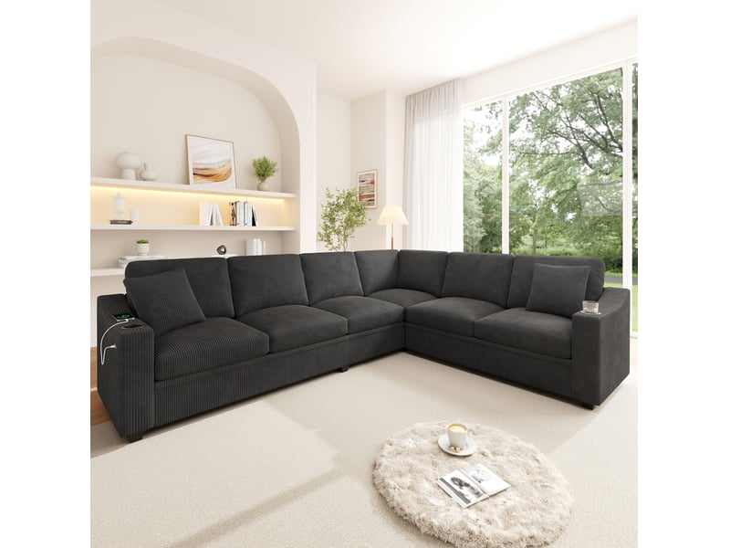  Canapé d'angle modulable 6 places en velours côtelé gris avec usbtype-c, porte-gobelets et coussins  - Conforama B