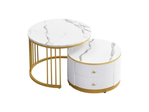 Table gigogne rondes blanches, effet marbre brillant, set de 2, 60×60×45 et 50×50×32 cm, 2 tiroirs, charge utile 30 kg