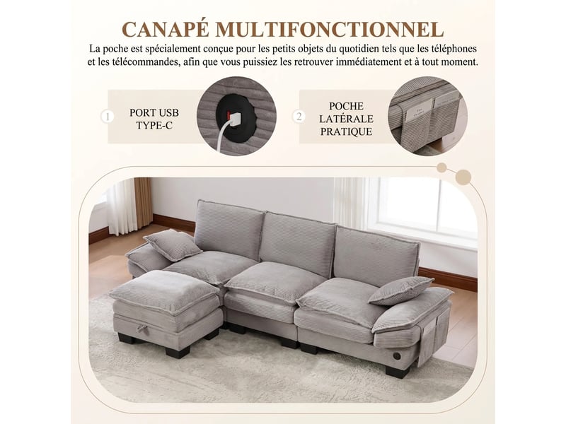  Canapé 3 places modulaire velours côtelé gris clair 260 x 132 x 84 cm avec pouf rangement  - Conforama D