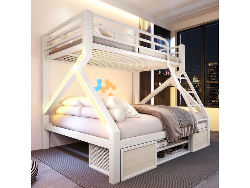  Lit superposé enfant 23 places 90140×200 cm lit simple lit double en métal avec led meuble à chaussures rangements, blanc  - Conforama E